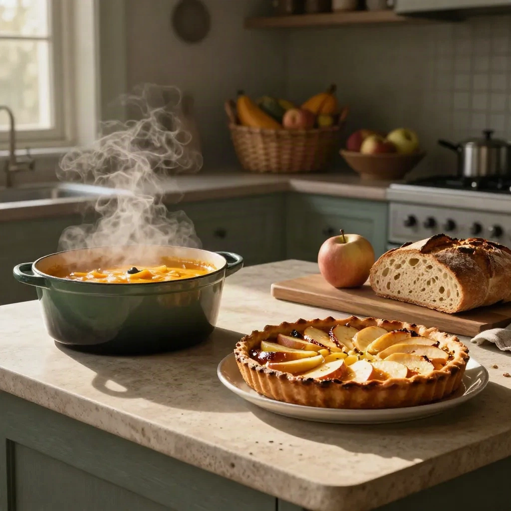 Grande cocotte de velouté, gratin, tarte aux pommes, pain et courges dans une cuisine sombre.