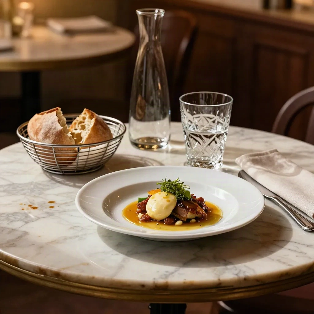 Table de bistrot en marbre, plat du jour, pain, carafe et verre, salle floue derrière.