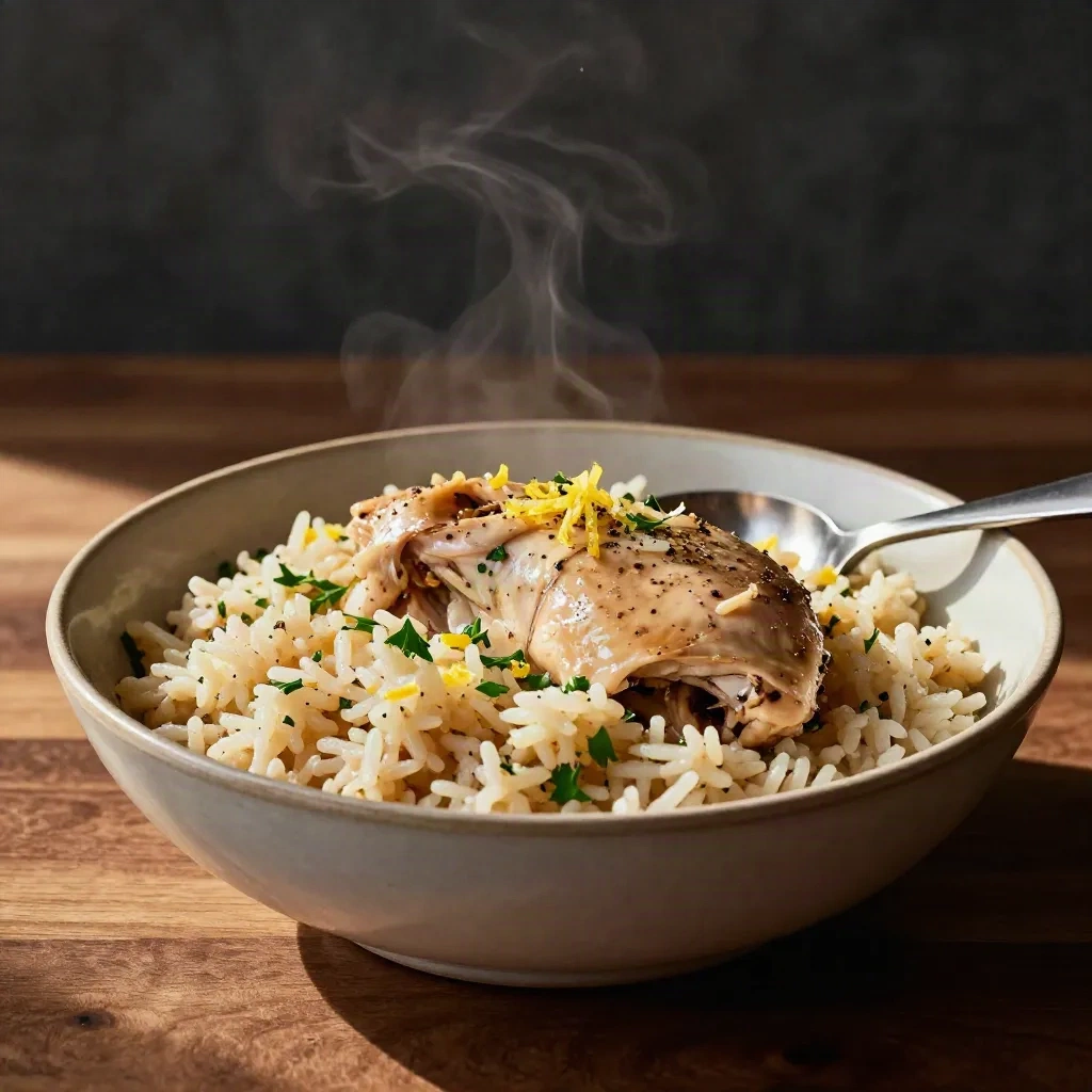 Bol de riz au poulet crémeux, citron, persil et poivre noir, cuillère sur le bord.