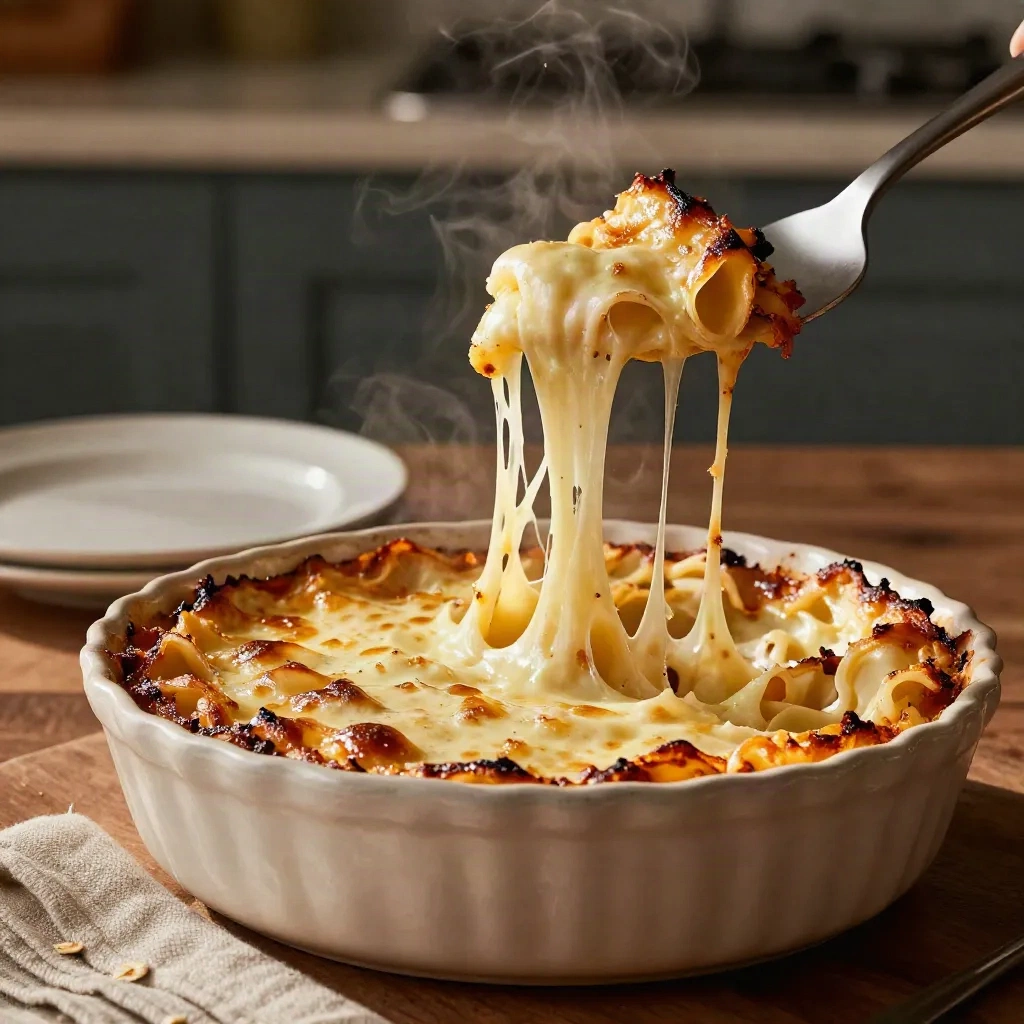 Gratin de pâtes fumant, fromage filant sur spatule et assiette à côté.