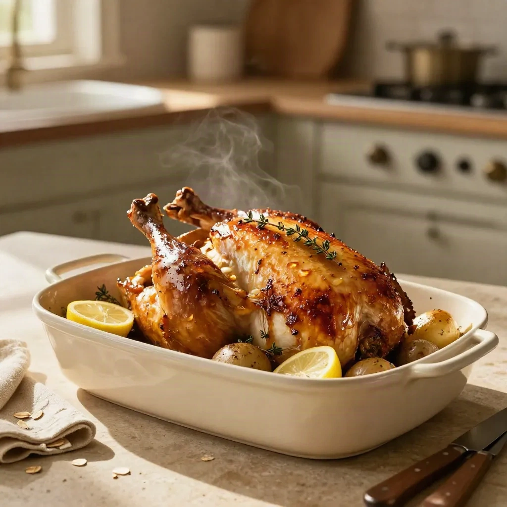Poulet rôti au citron avec pommes de terre et oignons dans un plat, vapeur dorée.