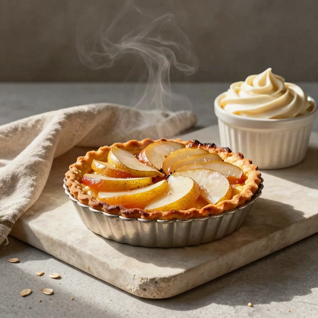 Mini tarte aux fruits, moule en métal, torchon froissé et ramequin de crème sur plateau de pierre.