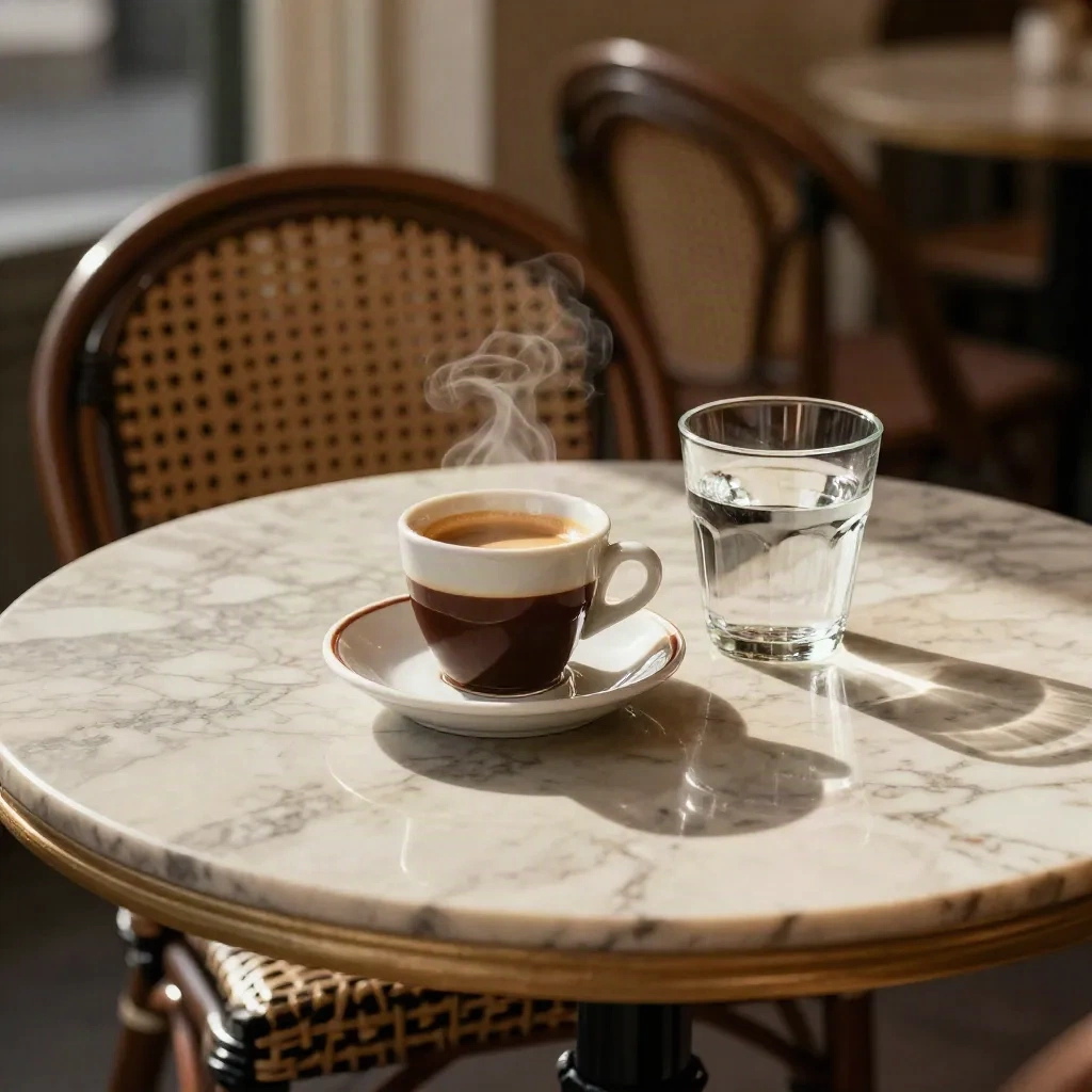 Espresso sur table en marbre avec verre d’eau et chaise cannée floue dans un café.
